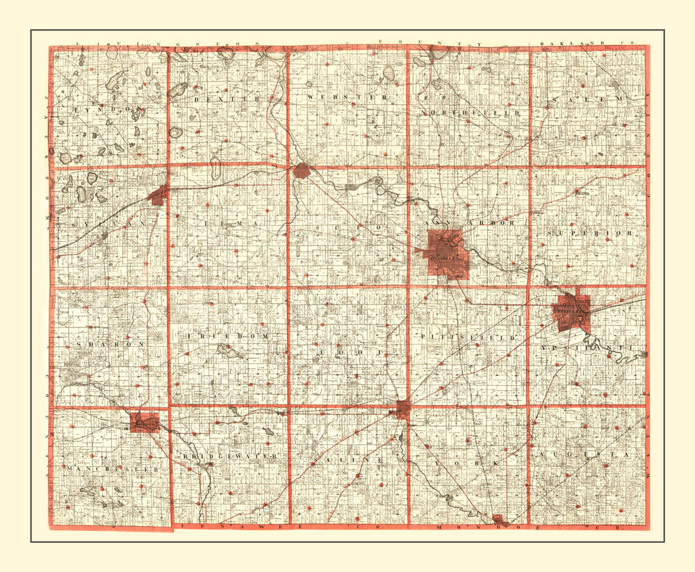 Vintage Map of Washtenaw County, Michigan 1896 print style example