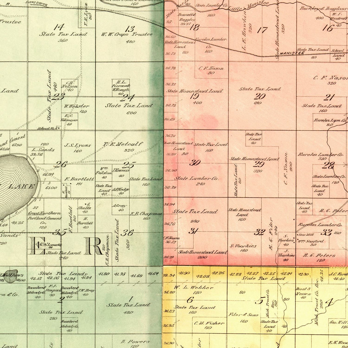 Restored historic details from the 1900 county map of Lame County, Michigan