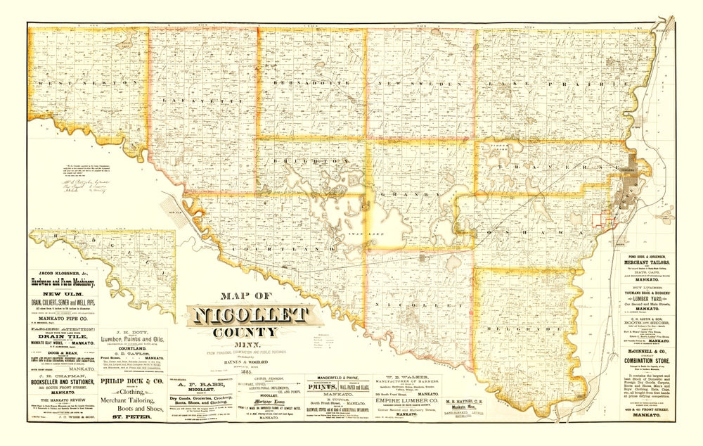 Vintage Map of Nicollet County, Minnesota 1885 print style example