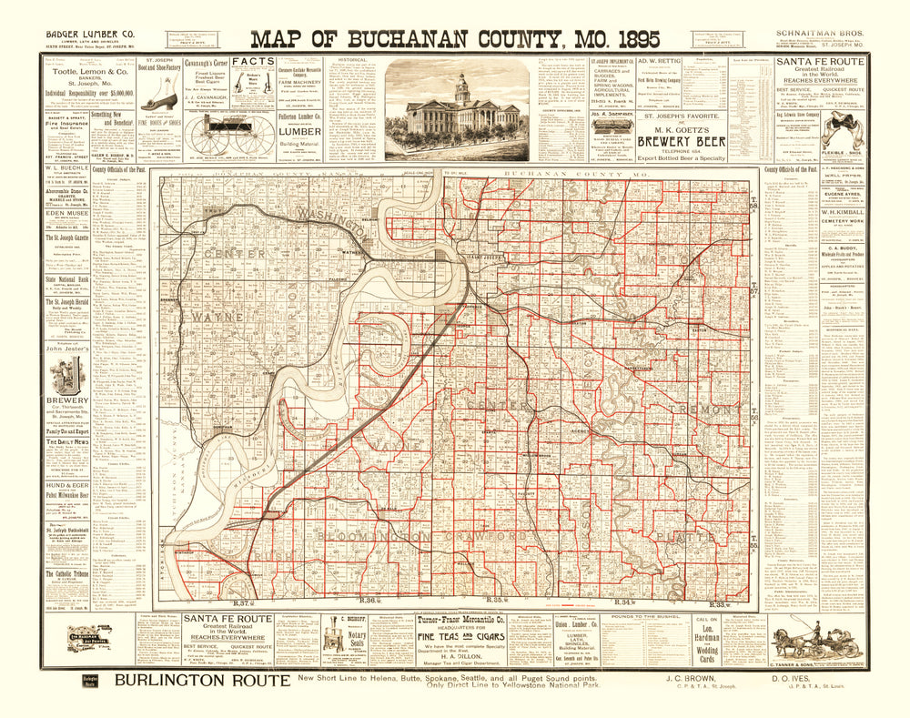 Vintage Map of Buchanan County, Missouri 1895 print style example