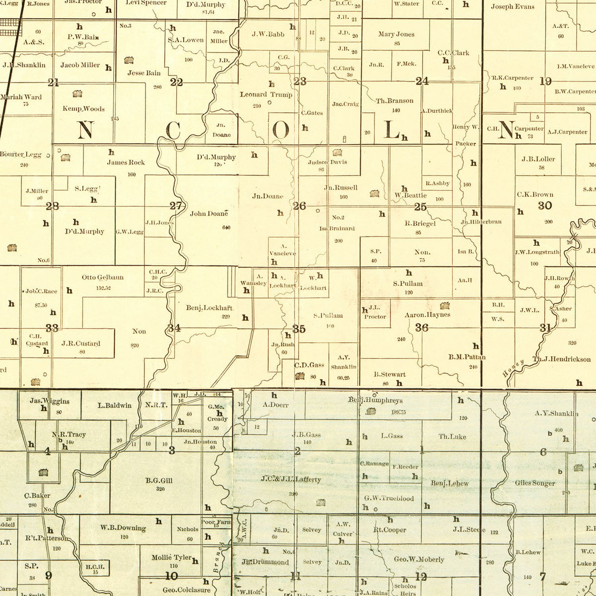 Restored historic details from the 1890 county map of Gundy County, Missouri