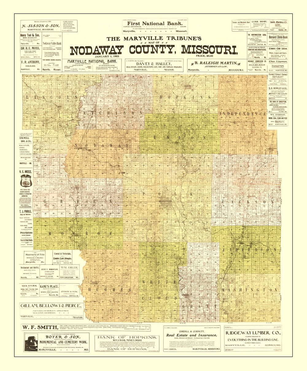 Vintage Map of Nodaway County, Missouri 1906 print style example