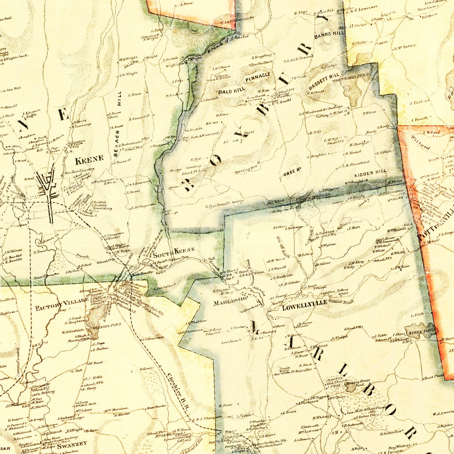 Restored historic details from the 1858 county map of Cheshire County, New Hampshire