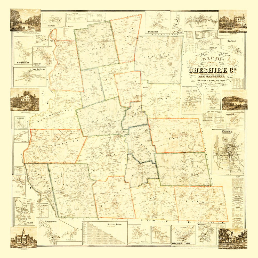 Vintage Map of Cheshire County, New Hampshire 1858 print style example