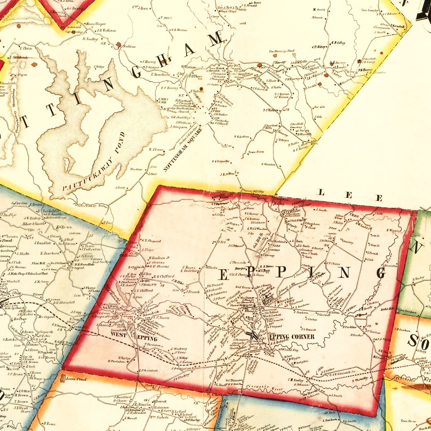 Restored historic details from the 1857 county map of Rockingham County, New Hampshire