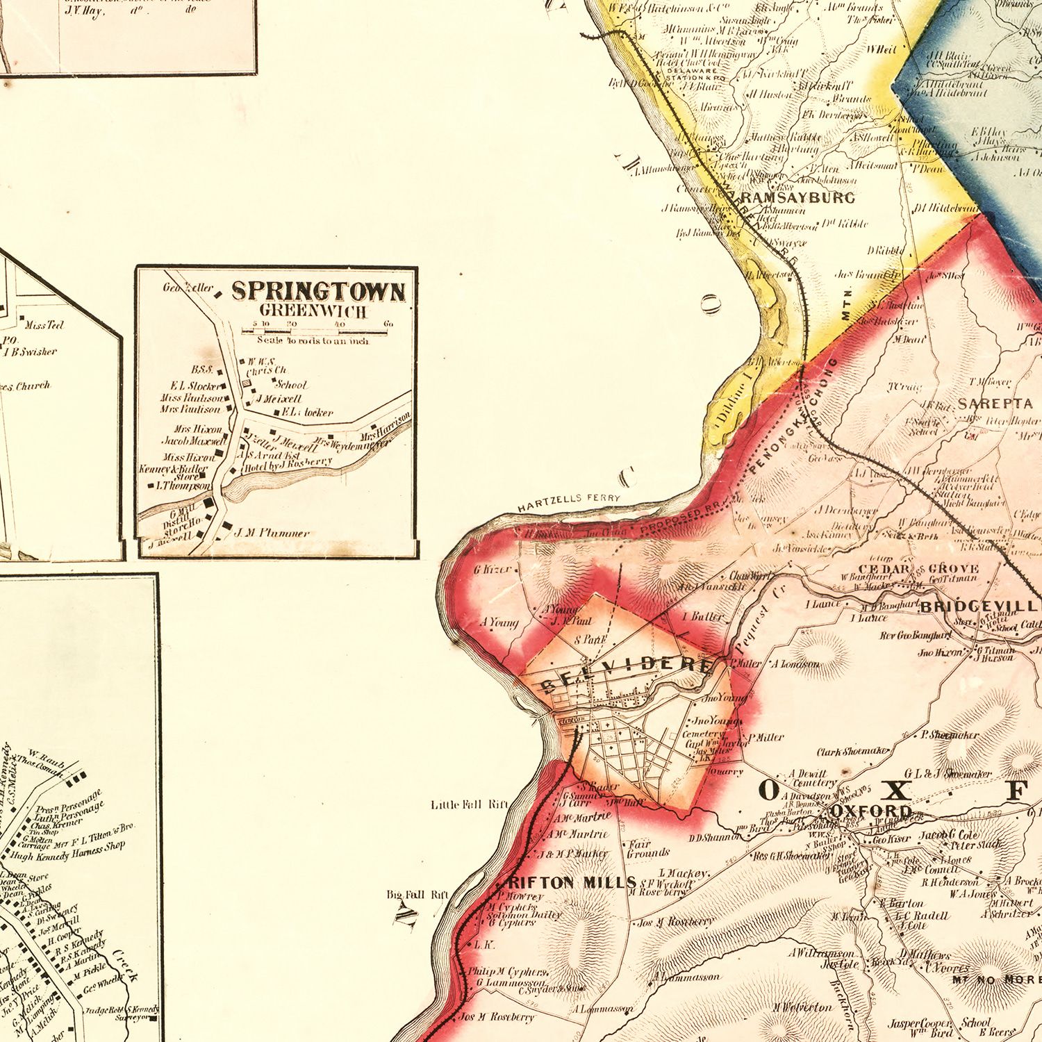 Restored historic details from the 1860 county map of Warren County, New Jersey