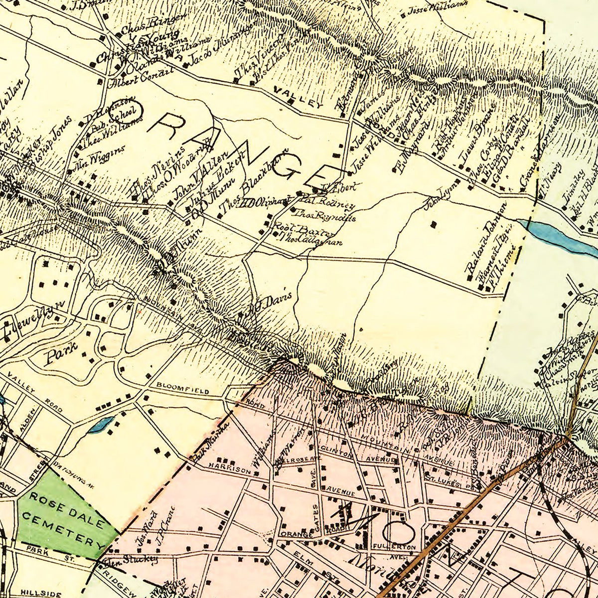 Restored historic details from the 1877 county map of Essex County, New Jersey