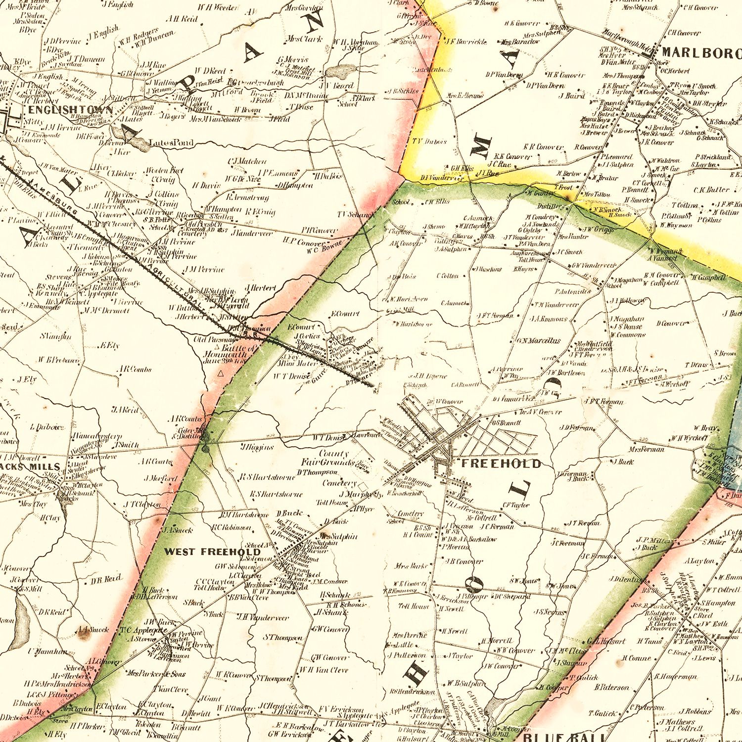 Restored historic details from the 1861 county map of Monmouth County, New Jersey