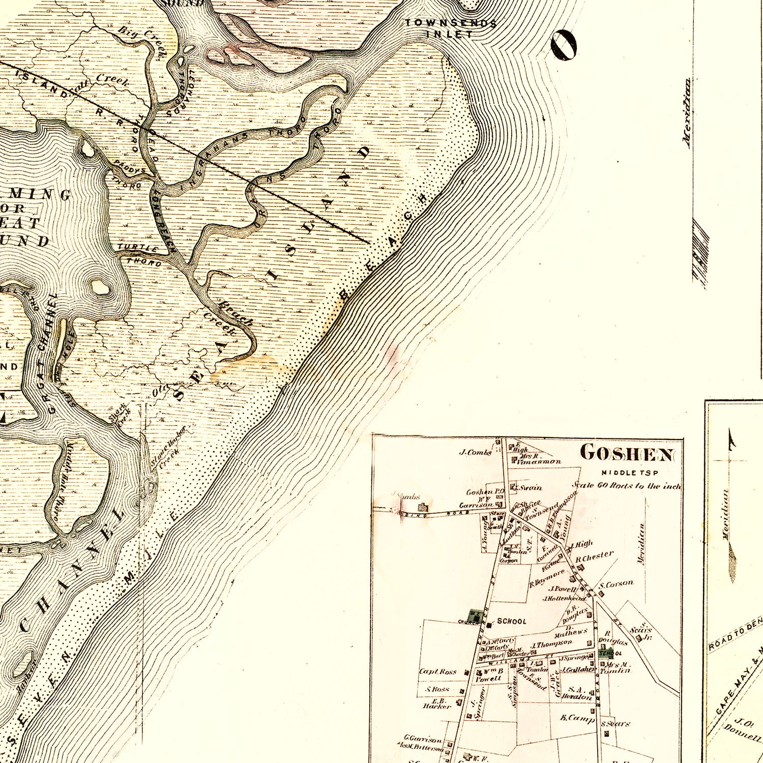 Restored historic details from the 1872 county map of Cape May County, New Jersey