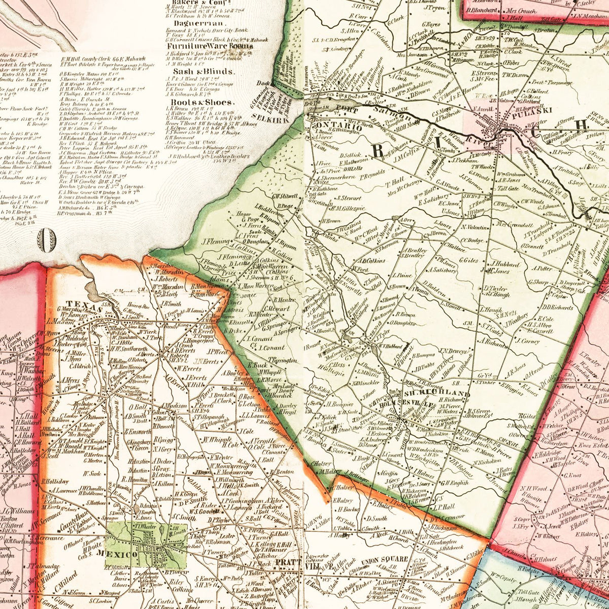 Restored historic details from the 1854 county map of Oswego County, New York