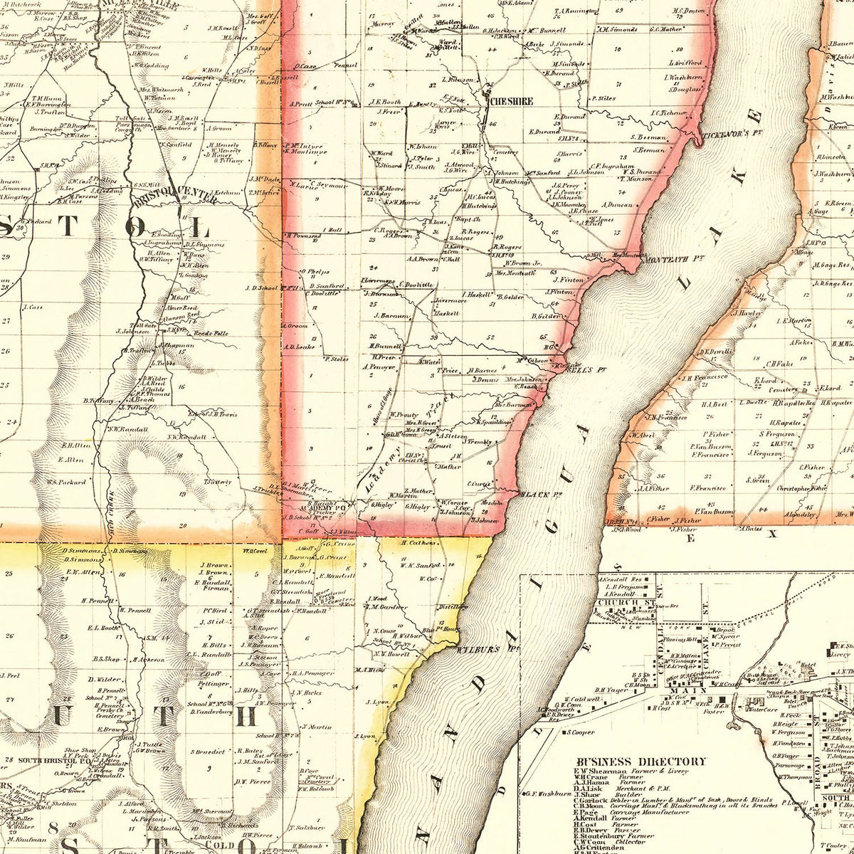 Restored historic details from the 1859 county map of Ontario County, New York