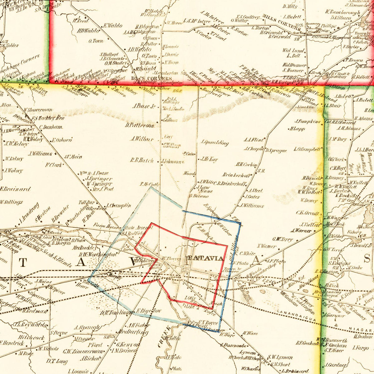 Restored historic details from the 1854 county map of Genesee County, New York