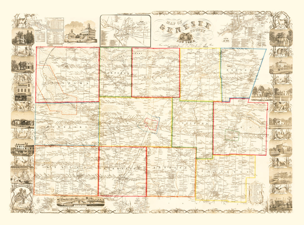 Vintage Map of Genesee County, New York 1854 print style example