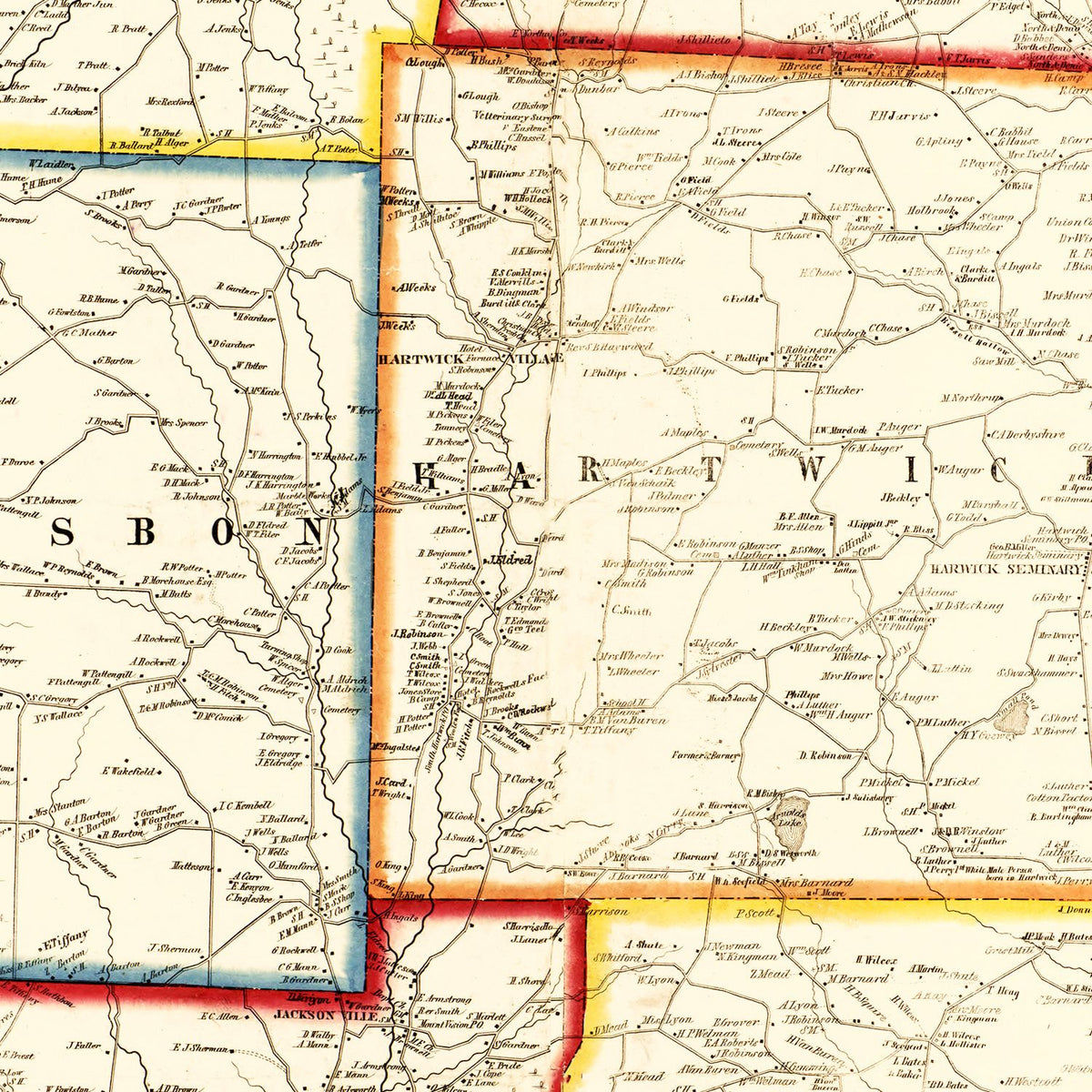 Restored historic details from the 1856 county map of Otsego County, New York