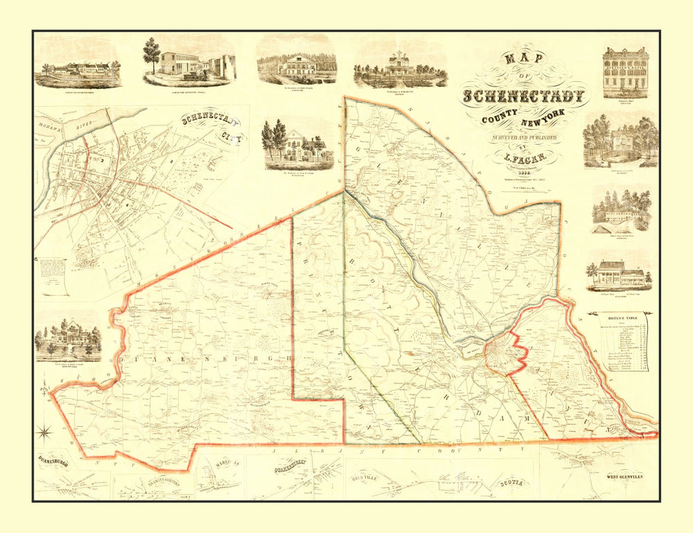 Vintage Map of Schenectady County, New York 1856 print style example