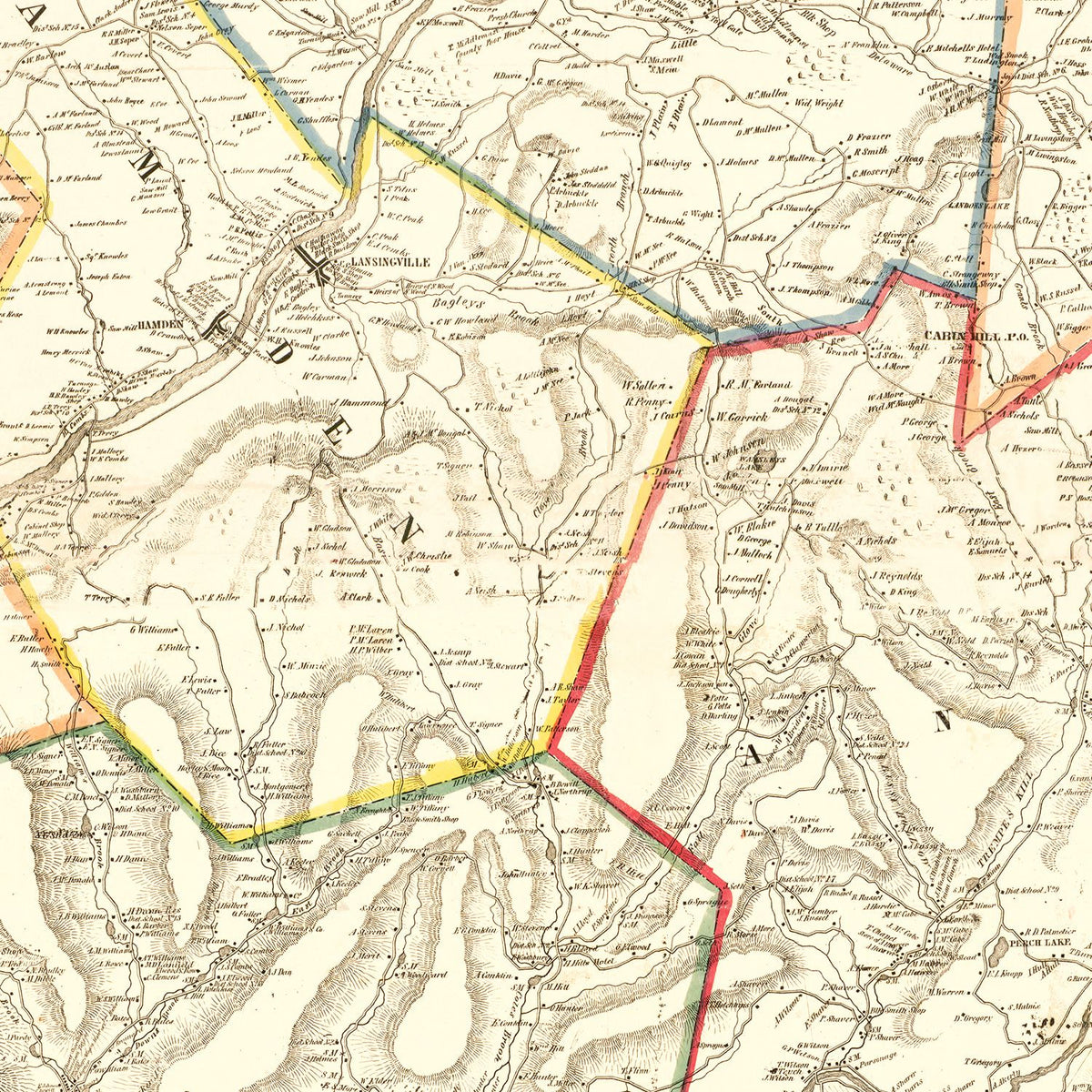 Restored historic details from the 1856 county map of Delaware County, New York