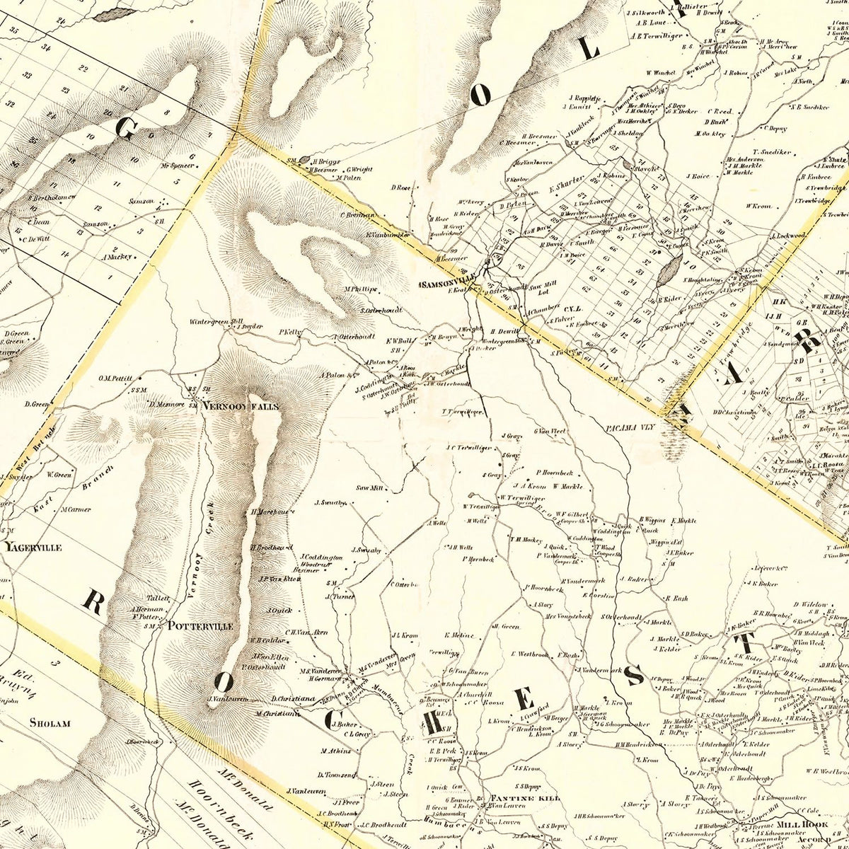 Restored historic details from the 1858 county map of Ulster County, New York