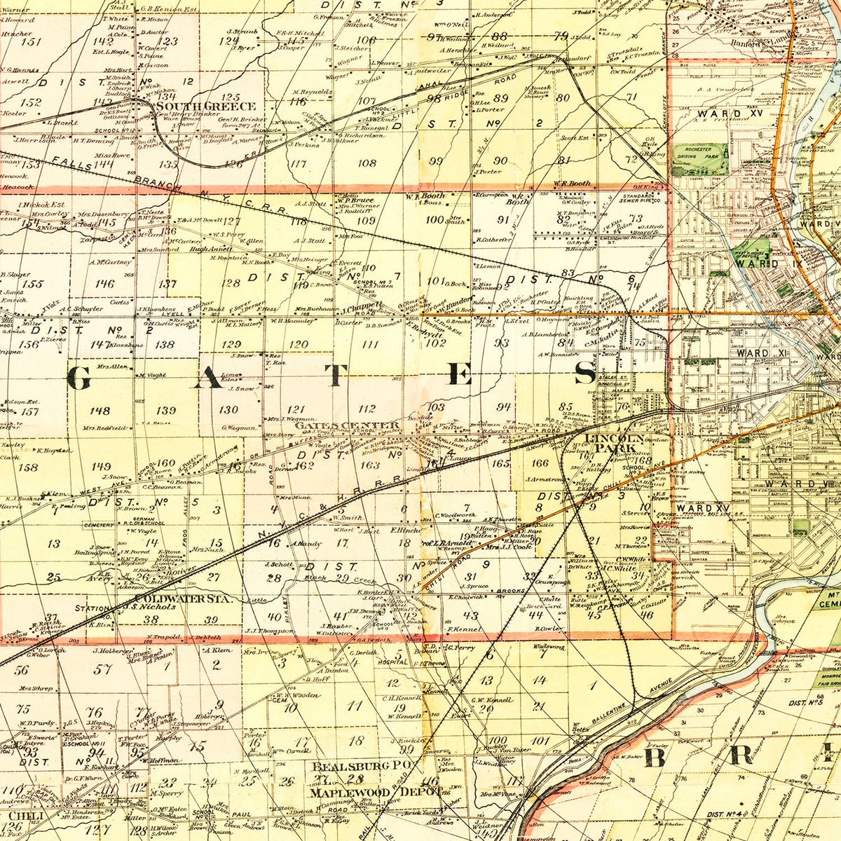 Restored historic details from the 1887 county map of Monroe County, New York