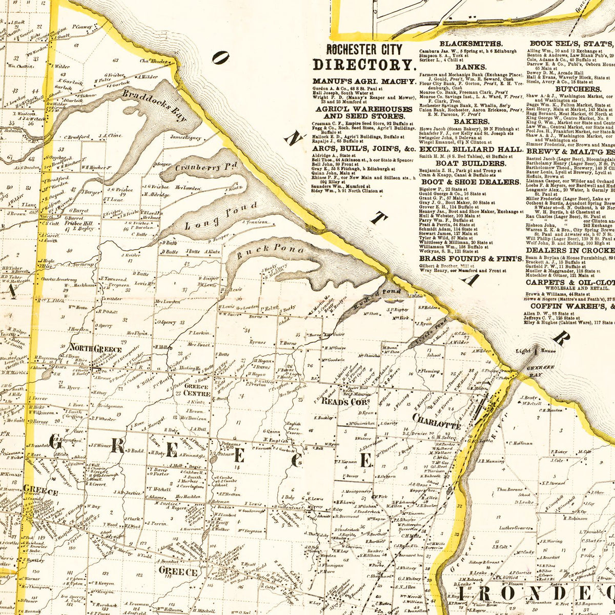 Restored historic details from the 1858 county map of Monroe County, New York