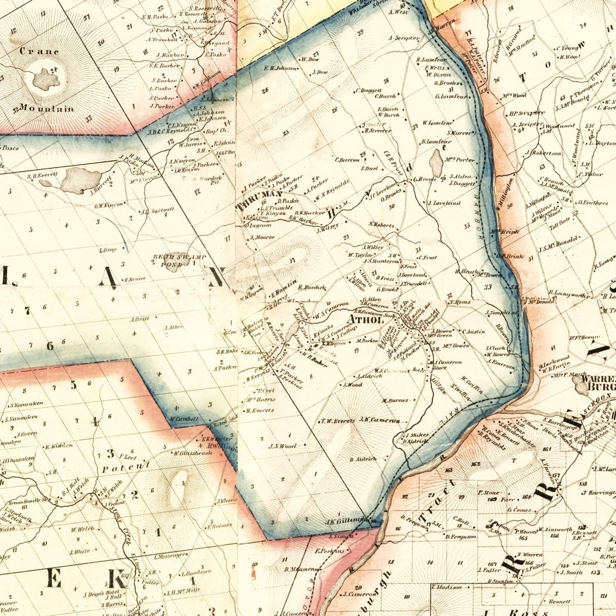 Restored historic details from the 1858 county map of Warren County, New York