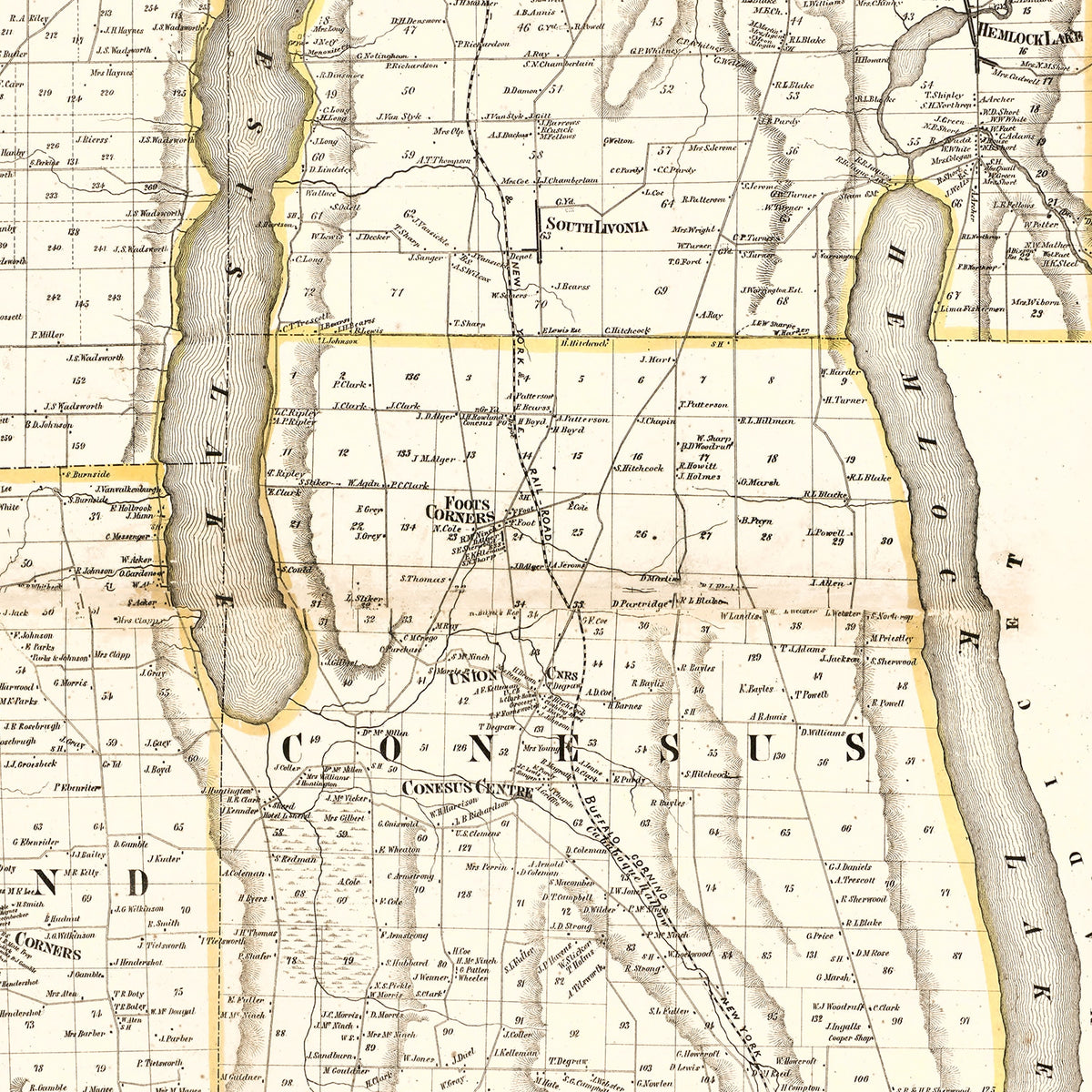 Restored historic details from the 1858 county map of Livingston County, New York