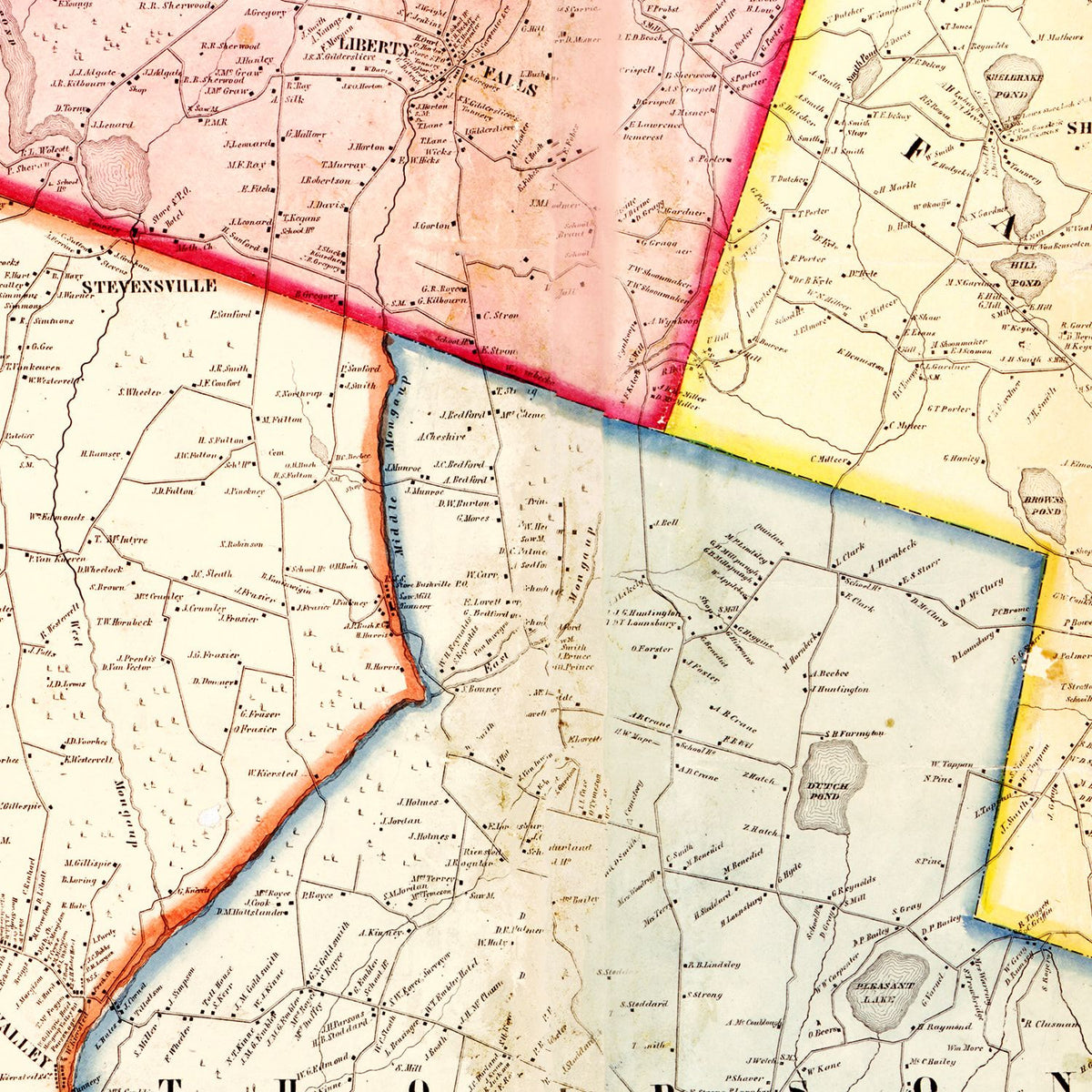 Restored historic details from the 1856 county map of Sullivan County, New York