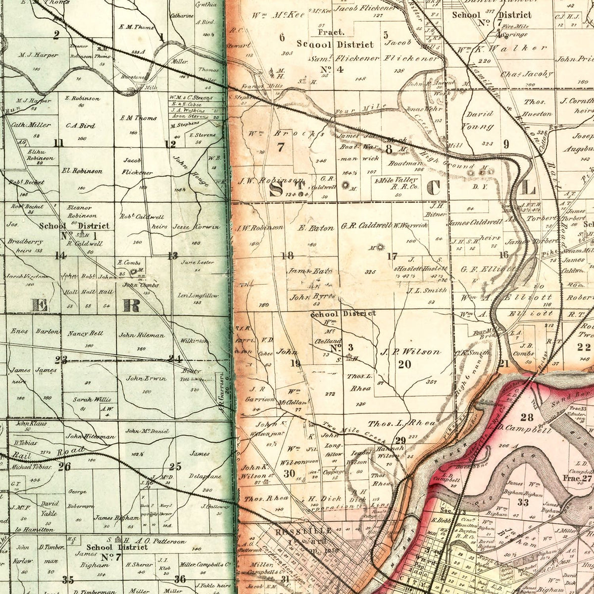 Restored historic details from the 1855 county map of Butler County, Ohio