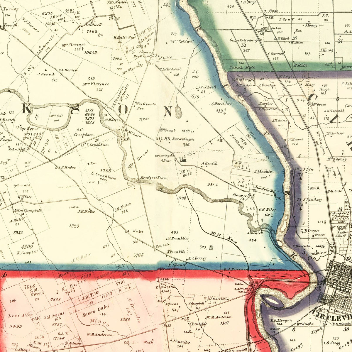 Restored historic details from the 1858 county map of Pickaway County, Ohio