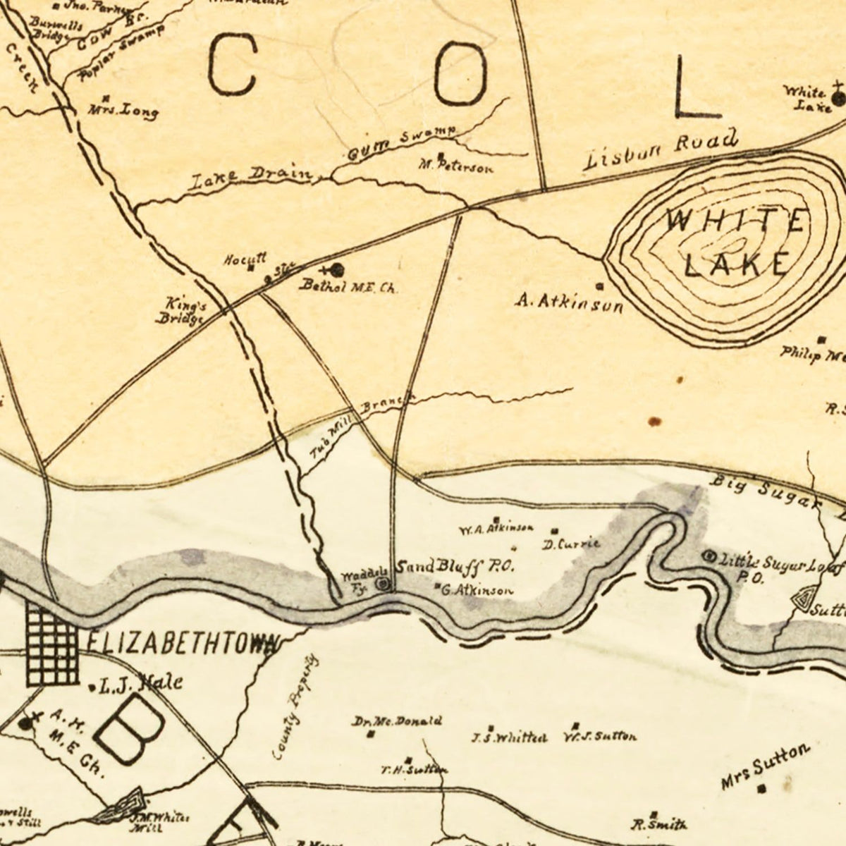 Restored historic details from the 1885 county map of Bladen County, North Carolina