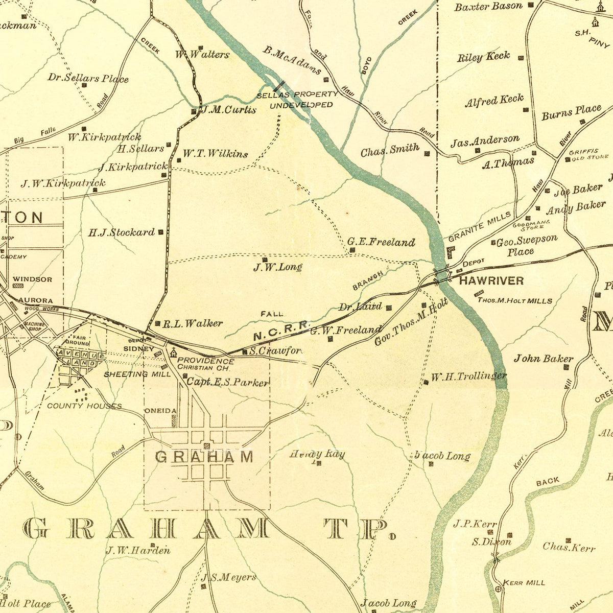 Restored historic details from the 1893 county map of Alamance County, North Carolina