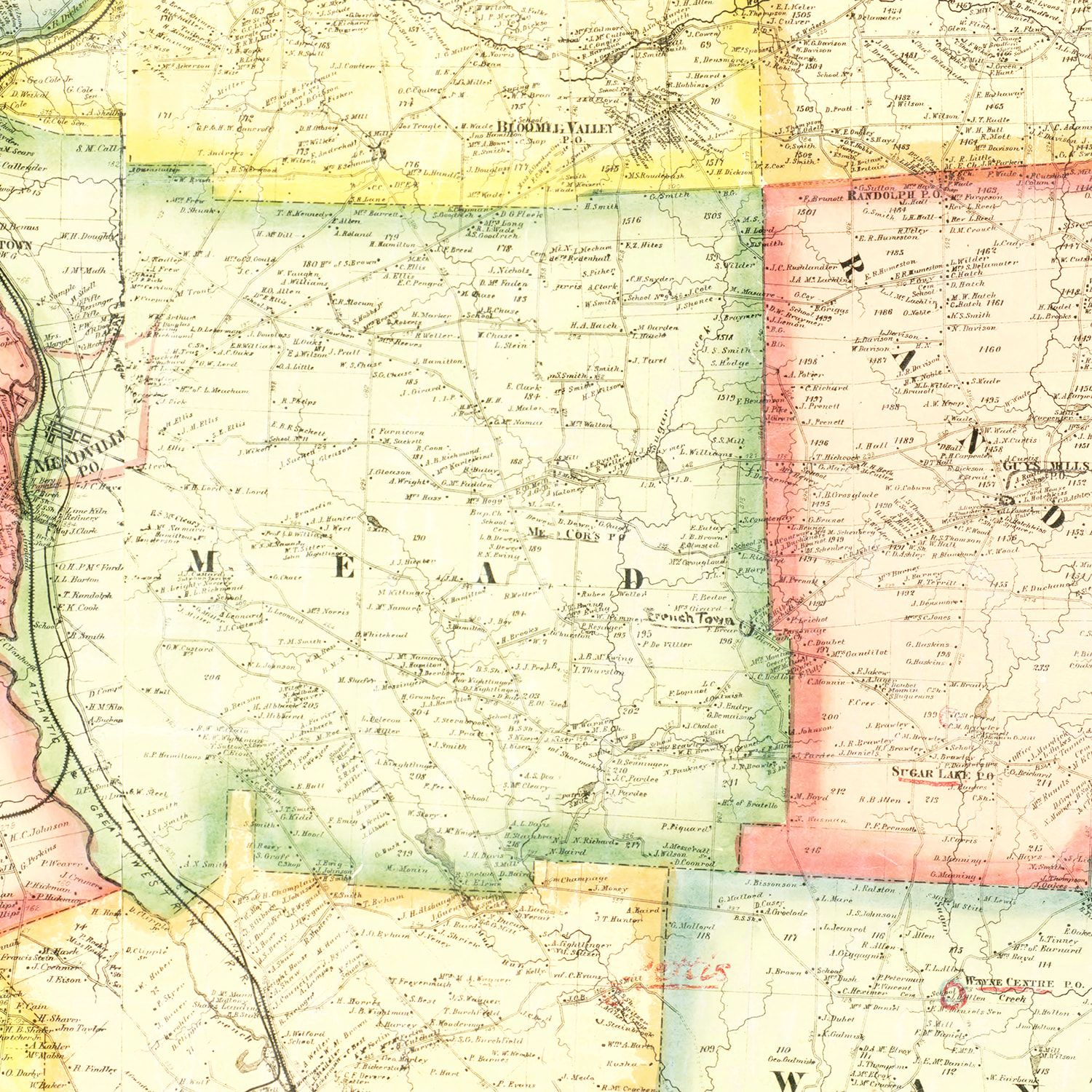 Restored historic details from the 1865 county map of Crawford County, Pennsylvania