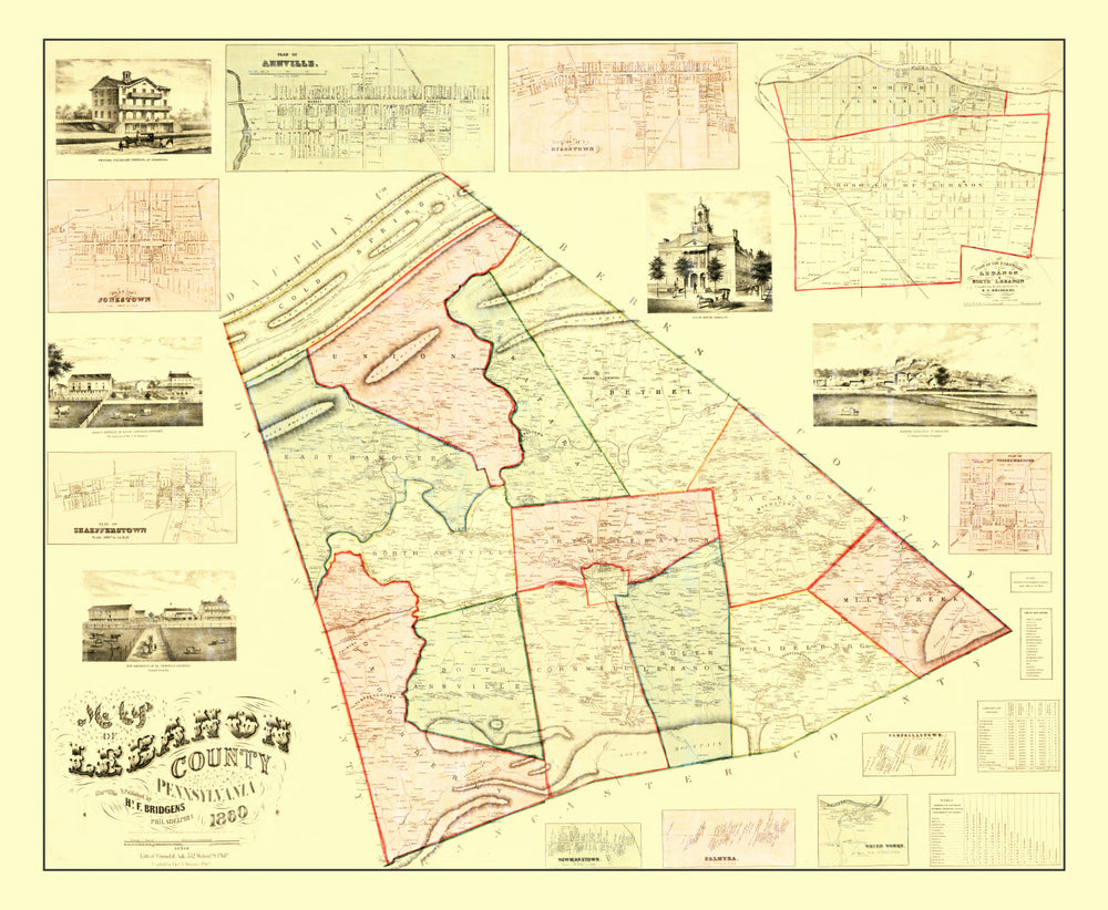 Vintage Map of Lebanon County, Pennsylvania 1860 print style example