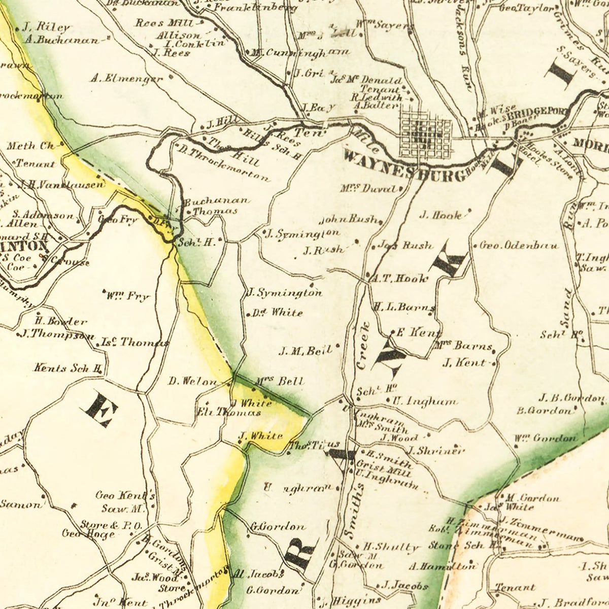 Restored historic details from the 1865 county map of Greene County, Pennsylvania