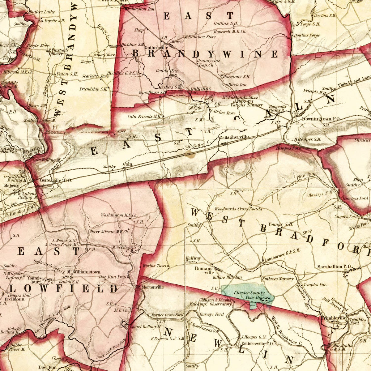 Restored historic details from the 1847 county map of Chester County, Pennsylvania