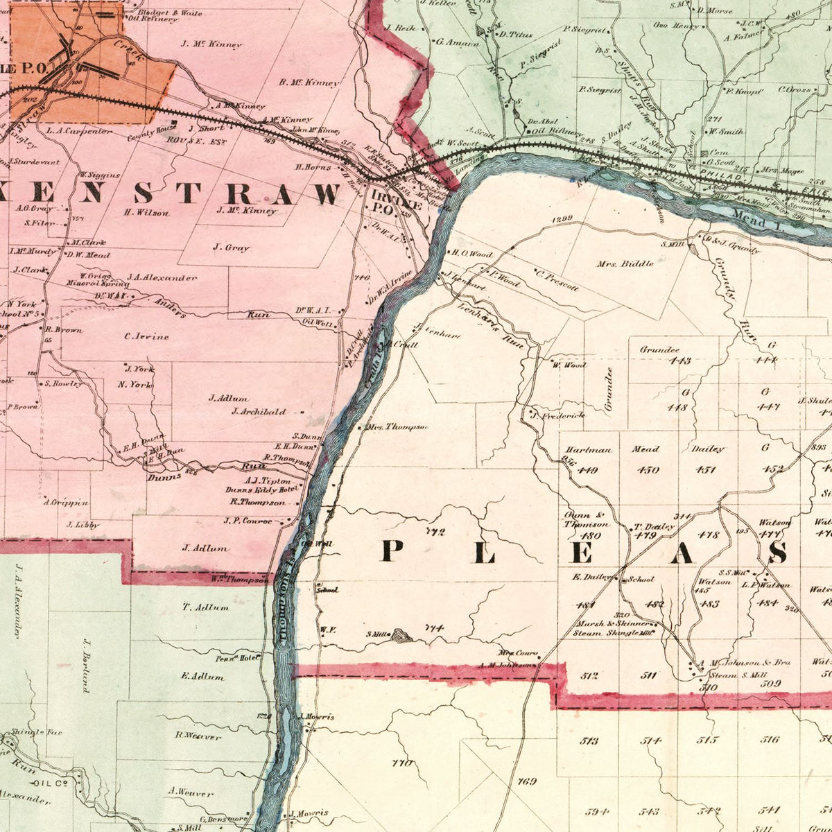 Restored historic details from the 1865 county map of Warren County, Pennsylvania