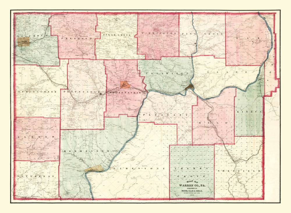 Vintage Map of Warren County, Pennsylvania 1865 print style example
