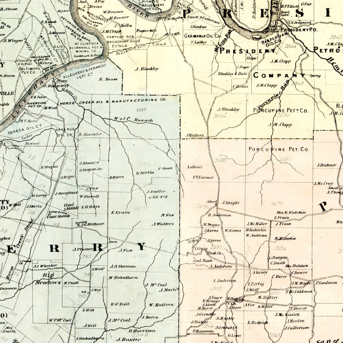 Restored historic details from the 1865 county map of Venango County, Pennsylvania
