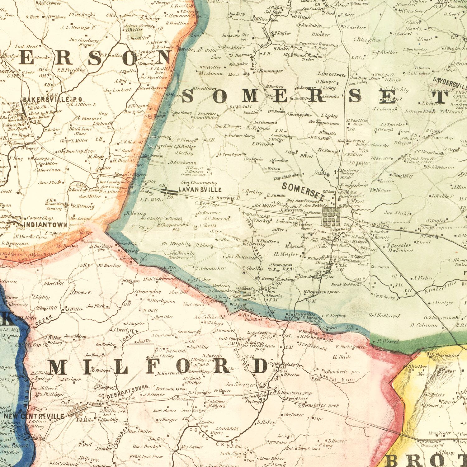 Restored historic details from the 1860 county map of Somerset County, Pennsylvania