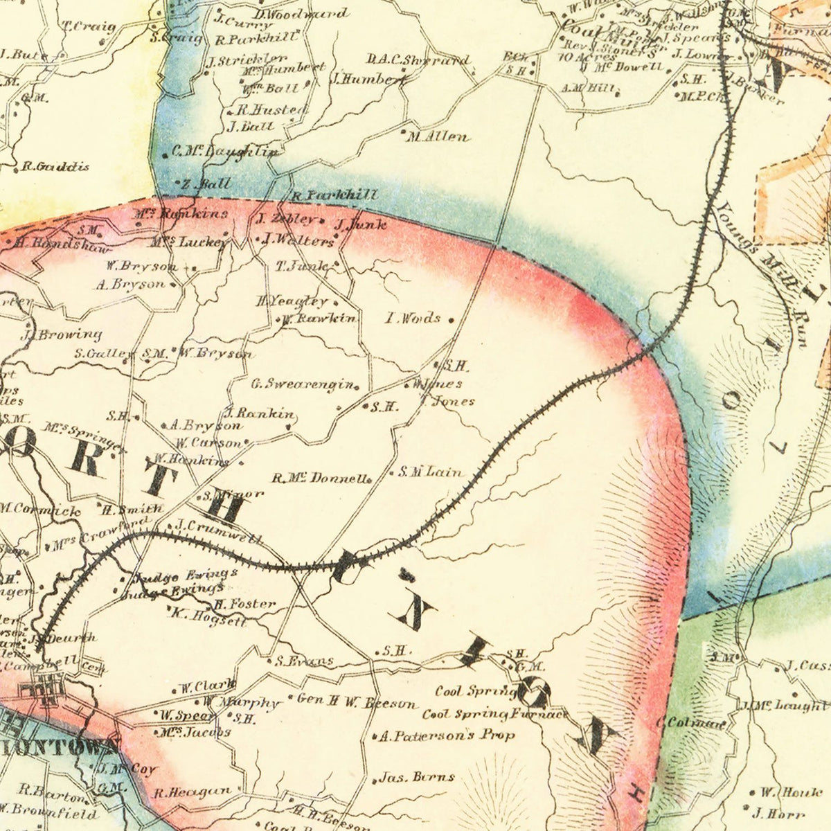 Restored historic details from the 1865 county map of Fayette County, Pennsylvania