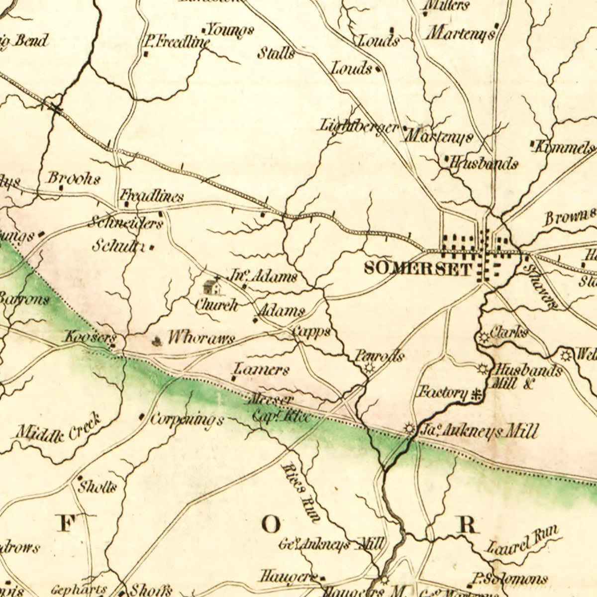 Restored historic details from the 1830 county map of Somerset County, Pennsylvania