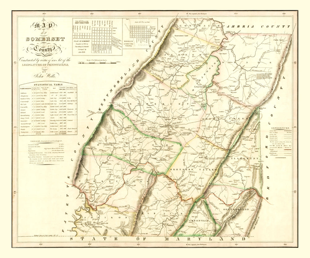 Vintage Map of Somerset County, Pennsylvania 1830 print style example