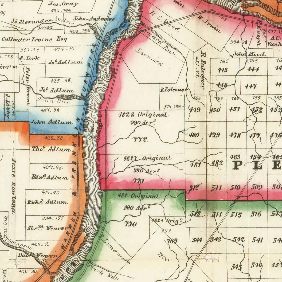 Restored historic details from the 1865 county map of Warren County, Pennsylvania