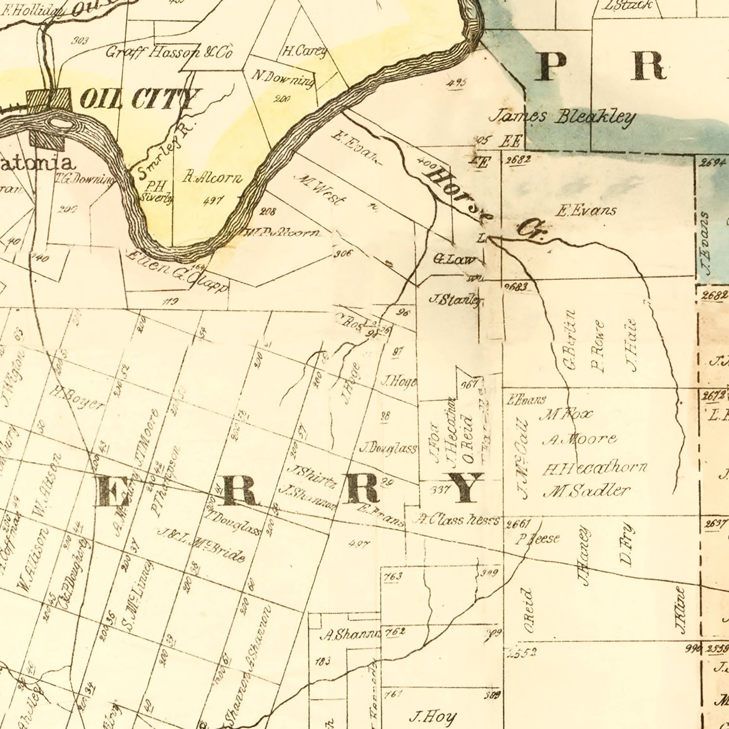 Restored historic details from the 1865 county map of Venango County, Pennsylvania