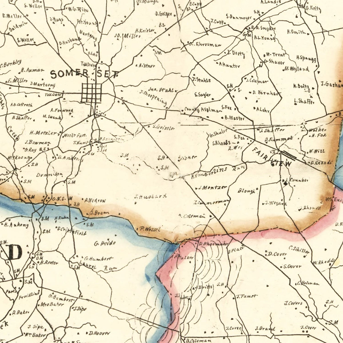 Restored historic details from the 1860 county map of Somerset County, Pennsylvania