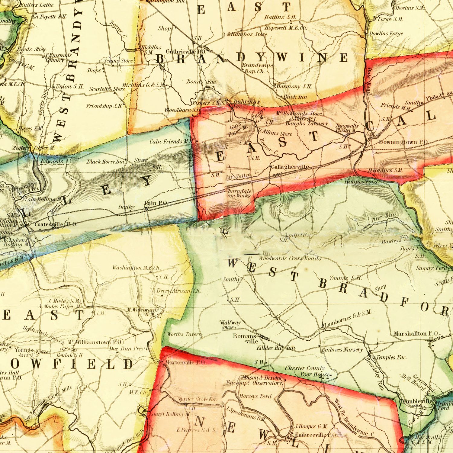 Restored historic details from the 1856 county map of Chester County, Pennsylvania