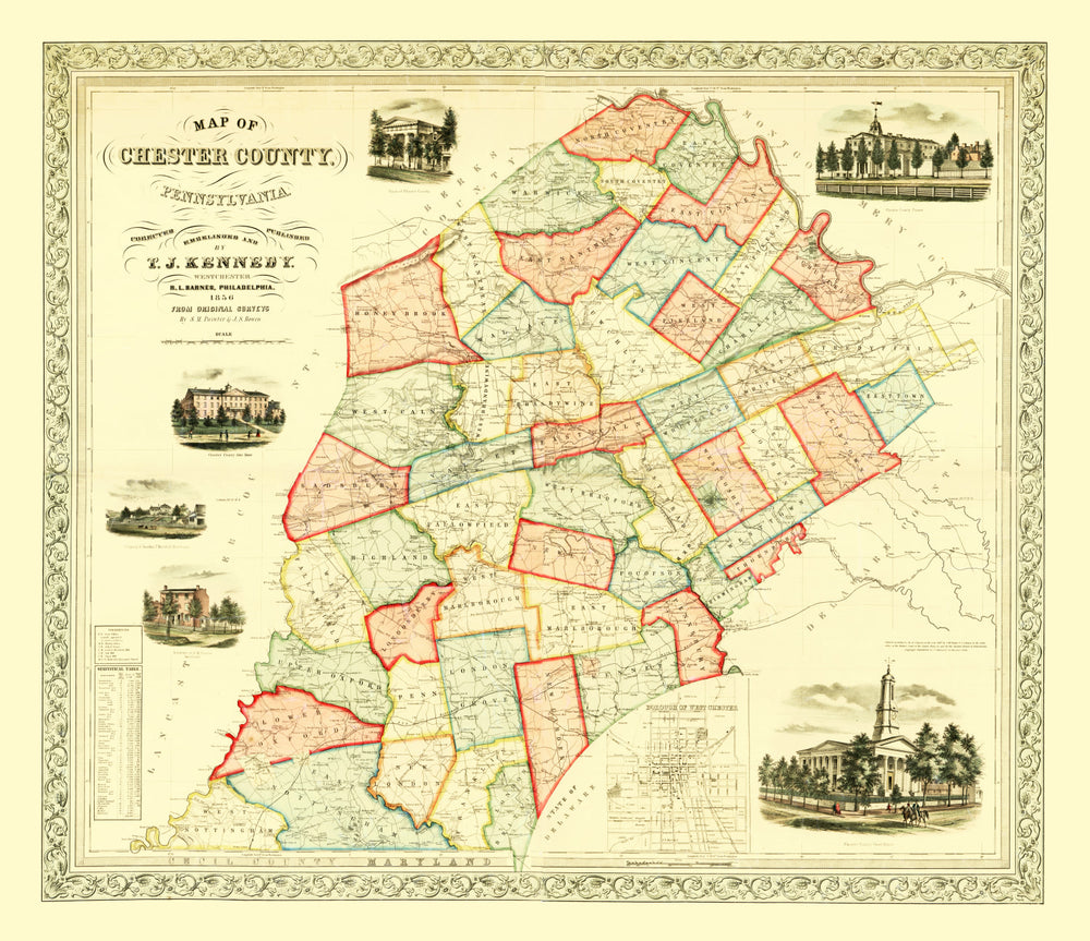Vintage Map of Chester County, Pennsylvania 1856 print style example