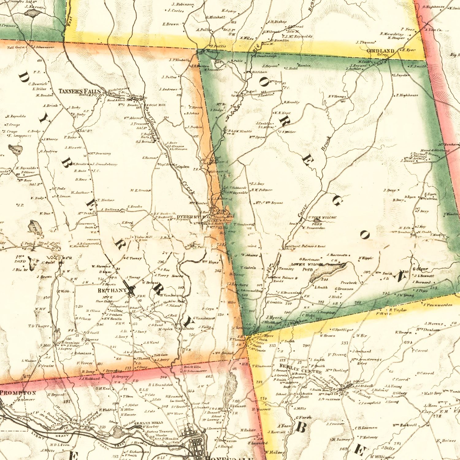Restored historic details from the 1860 county map of Wayne County, Pennsylvania