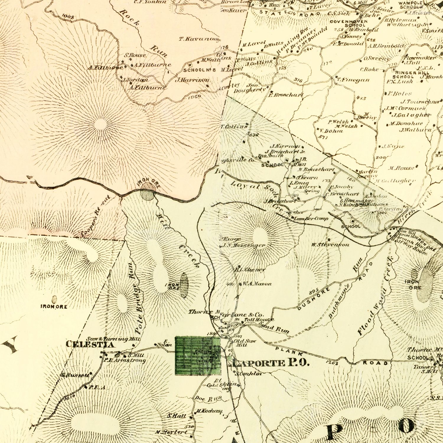 Restored historic details from the 1872 county map of Sullivan County, Pennsylvania
