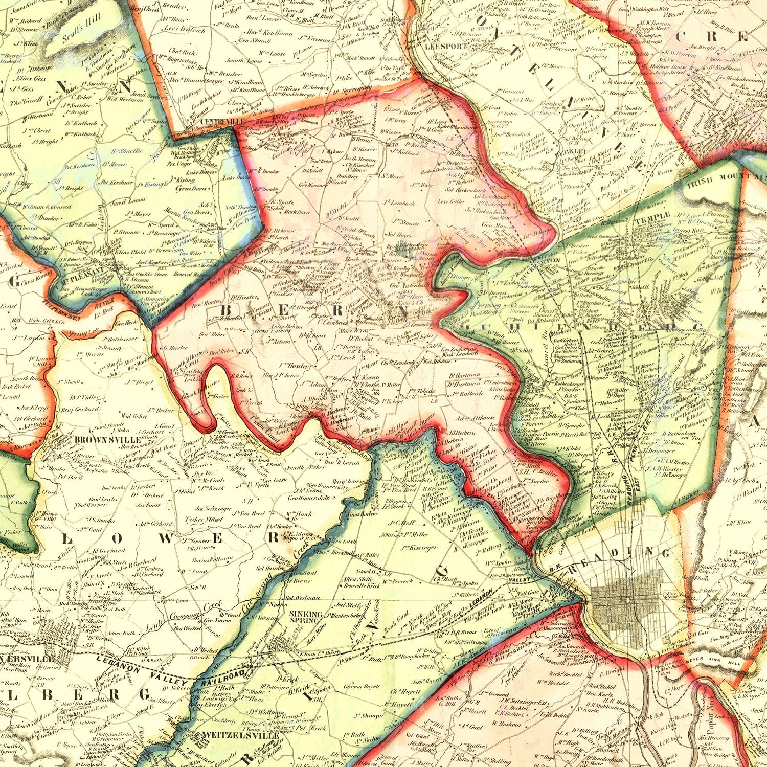 Restored historic details from the 1860 county map of Berks County, Pennsylvania