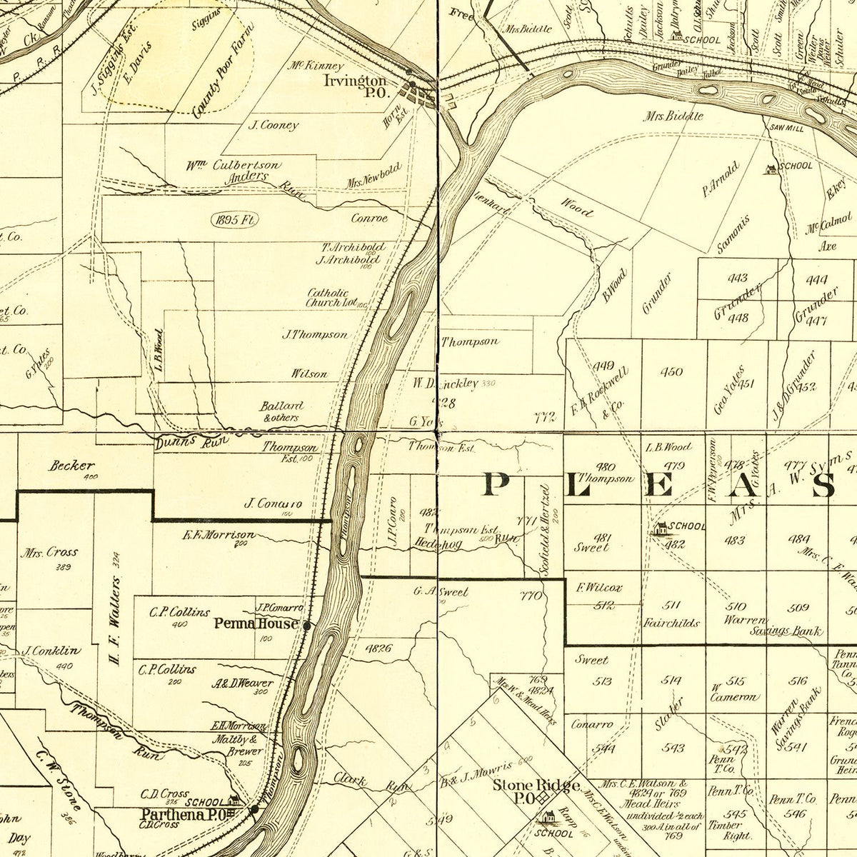 Restored historic details from the 1900 county map of Warren County, Pennsylvania